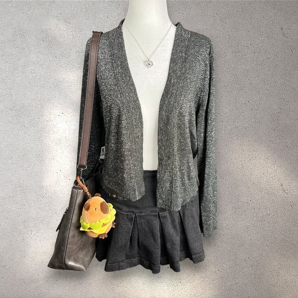 Grace Elements Glitterati Metallic Cardigan Women’s XL Black Silver Party Y2K